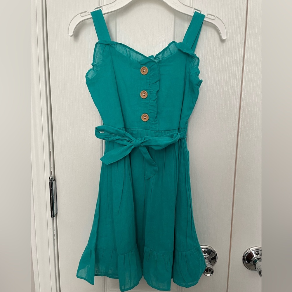 Rare Editions Turquoise Dress with Ruffle and Button Accents. Size 5. NWOT
